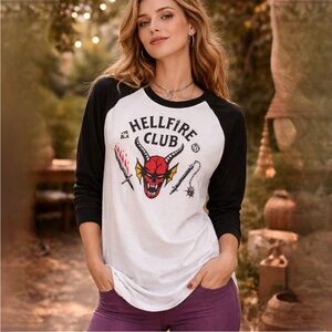 NWT Stranger Things Hellfire Club Devil Raglan Long Sleeve Shirt Male Small